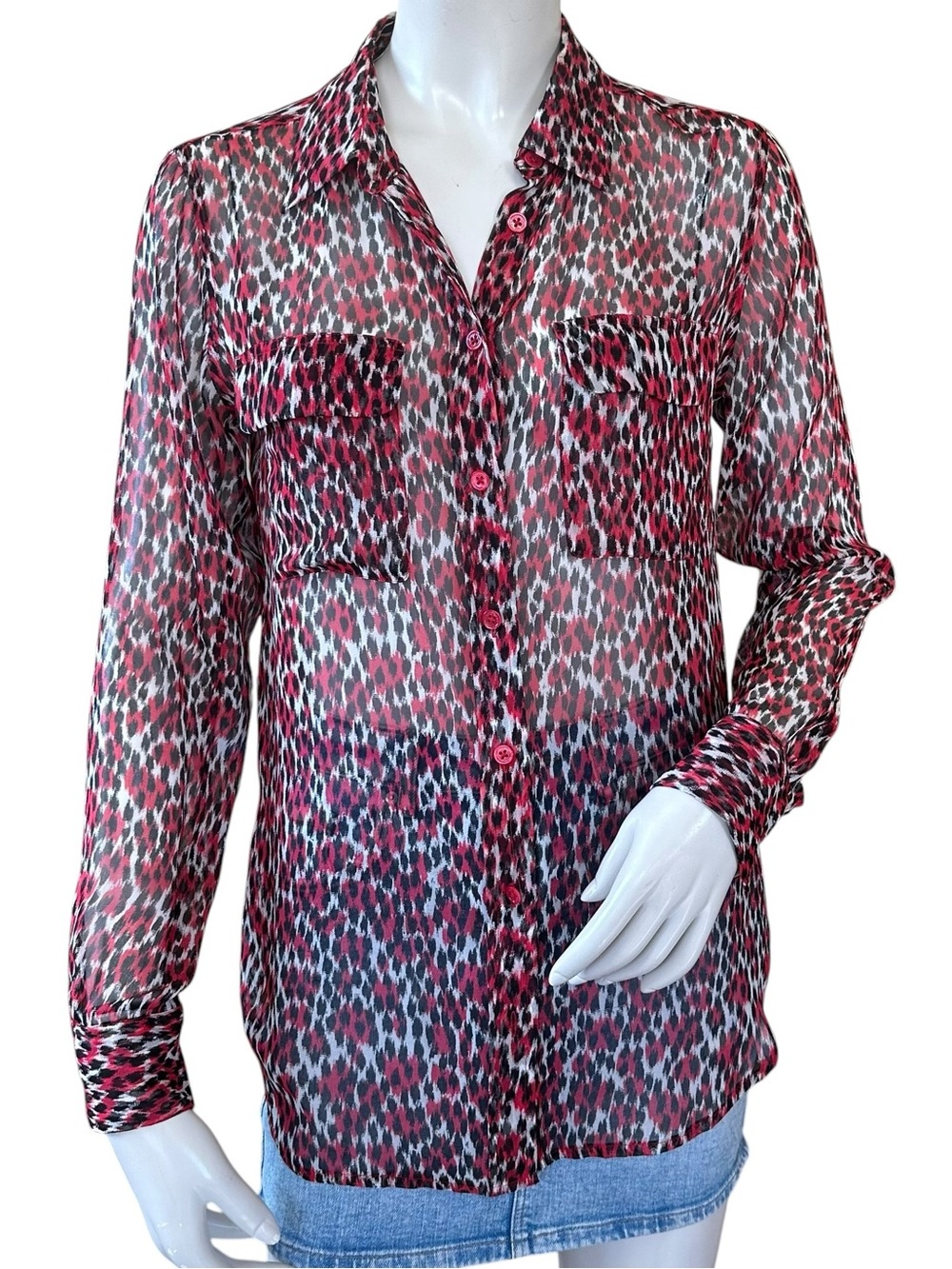 Equipment Femme 100% Silk Black & Red Leopard Print Sheer Button Down Blouse S